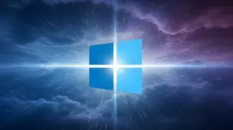 logo windows s energickym svetelnym zableskem a radialnimi stopami na pozadi kosmicke modrofialove oblohy stahnout