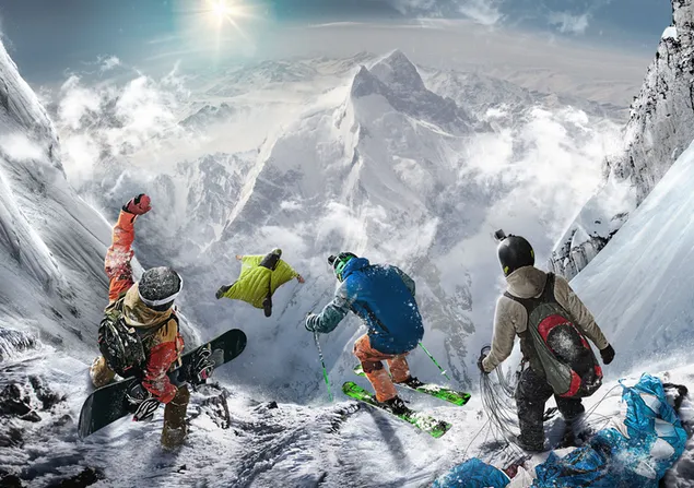 Atlet tim sayap siap melompat di tebing di puncak gunung 2K wallpaper