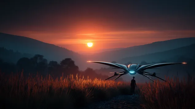 Susret s krilatim NLO-om u zalasku sunca u travnatom krajoliku 2K pozadina