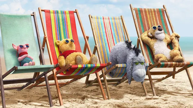 Winnie the Pooh Zeichentrickfiguren beim Sonnenbaden auf Liegestühlen herunterladen