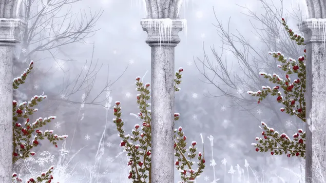 Columnas de invierno y rosas rojas. 4K fondo de pantalla