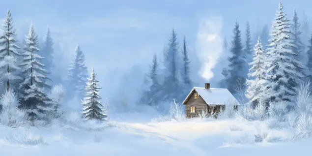 zimniy domik v zasnezhennom sosnovom lesu skachat'