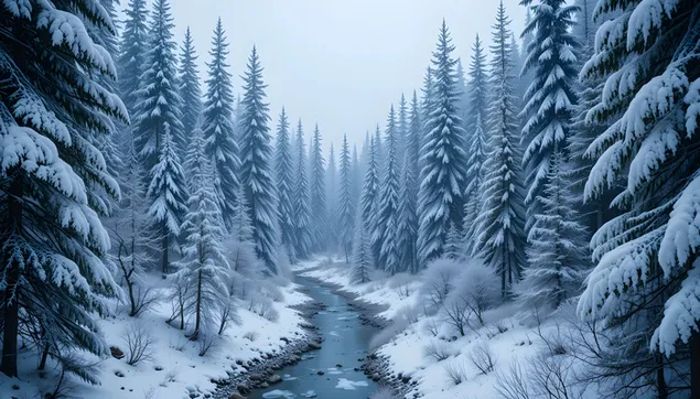 冬季森林河流：白雪皑皑的松树和冰冷的溪流 4K 壁纸