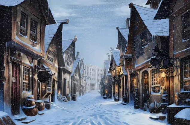 Winter in Harry Potter's Diagon Alley 4K wallpaper download