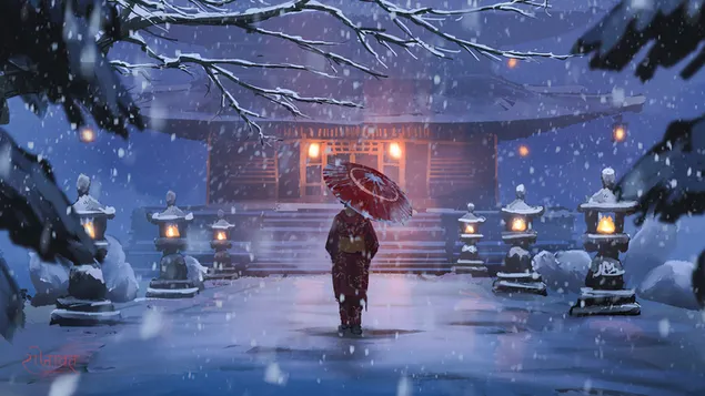 Kimono de invierno Anime Girl Art 4K fondo de pantalla