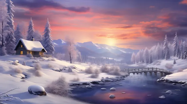 Zimski pejzaž na zalasku sunca 2K pozadina