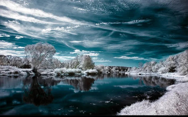 Winterlandschaft am Fluss HD Hintergrundbild