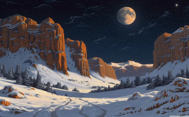 Зимний пейзаж в свете звезд и полной луны 4K обои