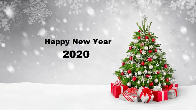 Winter Nieuwjaar 2020 met stralende kerstboom en cadeaus 2K achtergrond