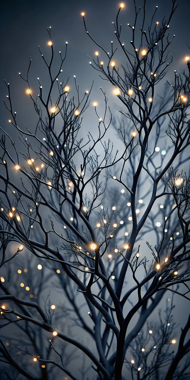 Nuit d'hiver avec des lumières sur les branches des arbres 2K fond d'écran