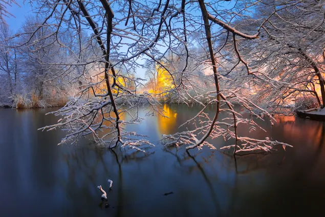 שקיעת חורף מעל אגם קפוא 2K טפט