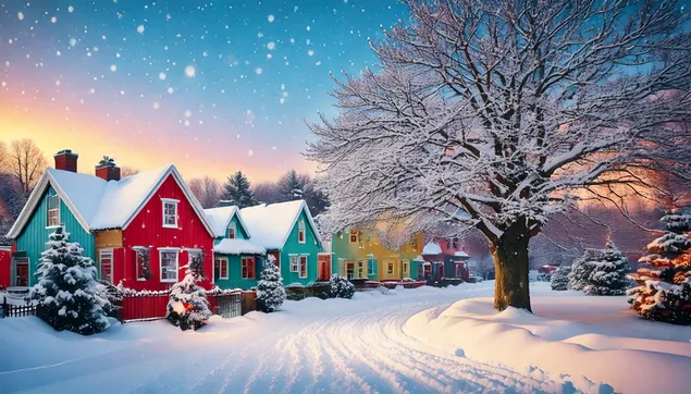 Winter With Colorful House 2K wallpaper
