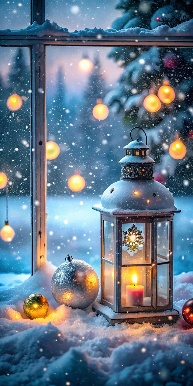 סצנת חג המולד של ארץ הפלאות החורפית עם פנס ועץ 2K טפט