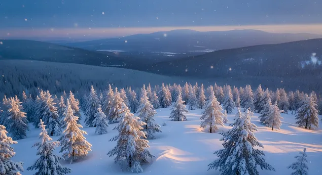 冬日仙境：黎明时分白雪皑皑的松树和群山 4K 壁纸