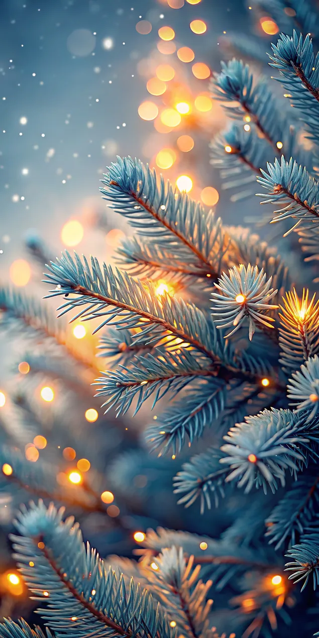 עץ אורן מושלג מקושט באורות מנצנצים, ארץ הפלאות החורפית 2K טפט