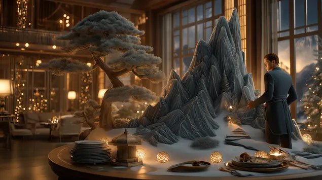 Penataan Meja Keajaiban Musim Dingin dengan Kue Gunung dan Manusia 2K wallpaper