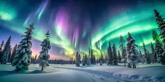 Tapeta Zimní říše divů se zasněženým lesem a Aurora Borealis ozařující hvězdnou oblohu 4K