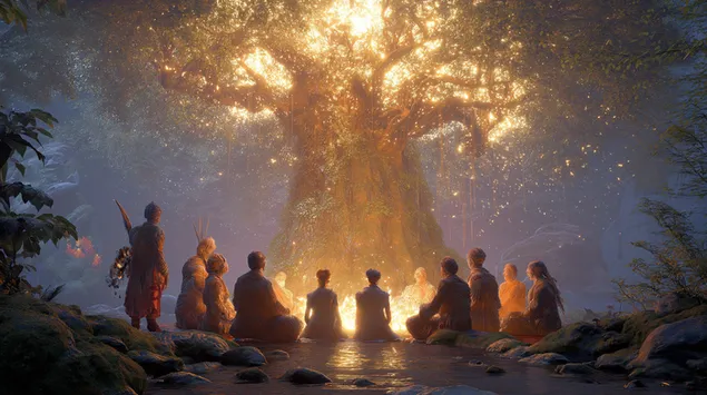 Tapeta Moudré postavy shromážděné světelným stromem v kouzelném lese 2K