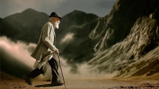 saggio viandante tra maestosi paesaggi montuosi scarica