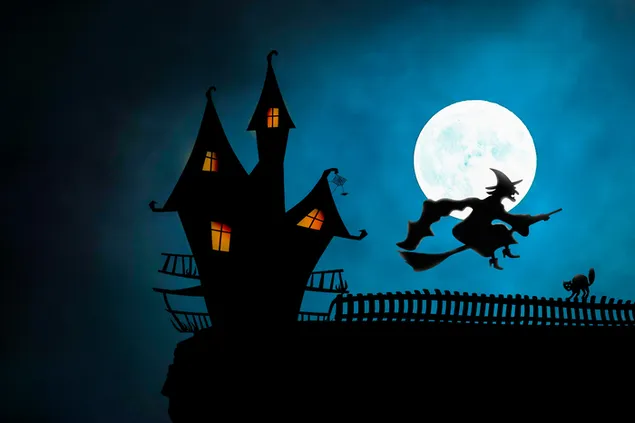 witch flying with broom at full moon