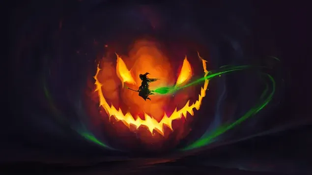 witch flying with ju flying bloom in front of jack-o'-lantern stiahnut