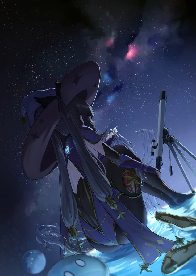 mona boszorkany teleszkoppal nezi a gyonyoru csillagokat | genshin impact letoltes