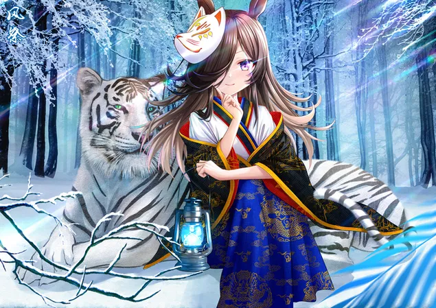 Witte tijger in het besneeuwde bos en mooi animemeisje met mooi haar in mooie kleren