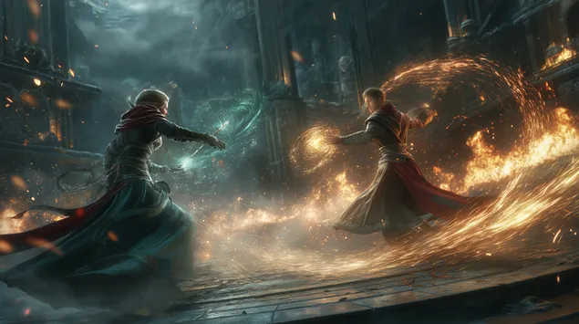 zauberer agespaart an enger hefteger magescher konfrontatioun eroflueden