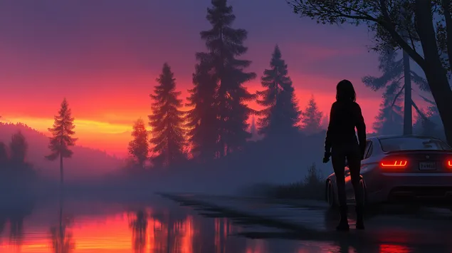 Woman and Car by Lake at Fiery Forest Sunset 2K wallpaper