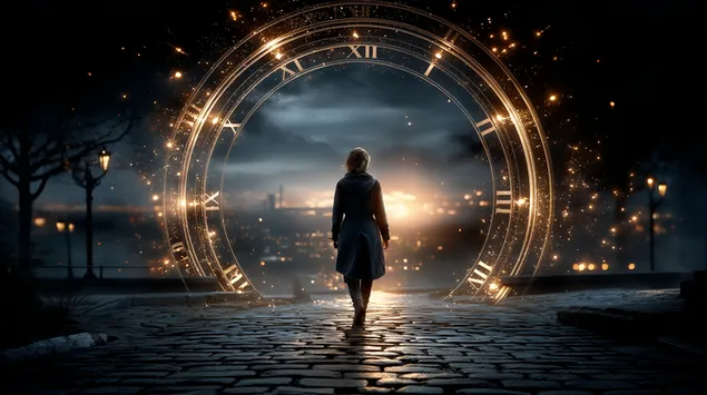 arnavut kaldirimli yolda aydinlik zaman portalina yaklasan kadin indir