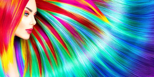 Mujer mostrando todos los colores de su cabello con su colorido peinado descargar