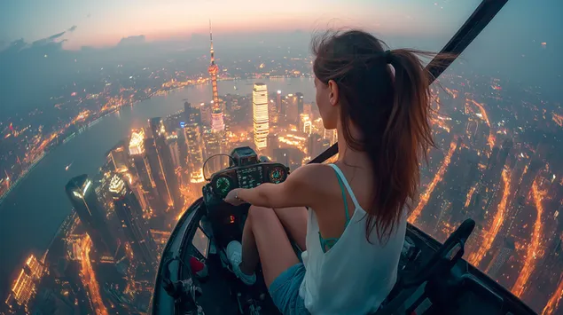 Mulher em um helicóptero voando sobre o horizonte de uma cidade à noite 2K papel de parede
