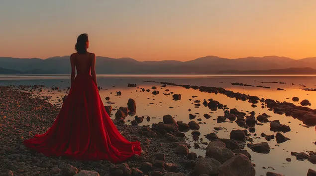 Grua me një fustan elegant duke parë një skenë të bukur perëndimi dielli bregdetar 2K sfond