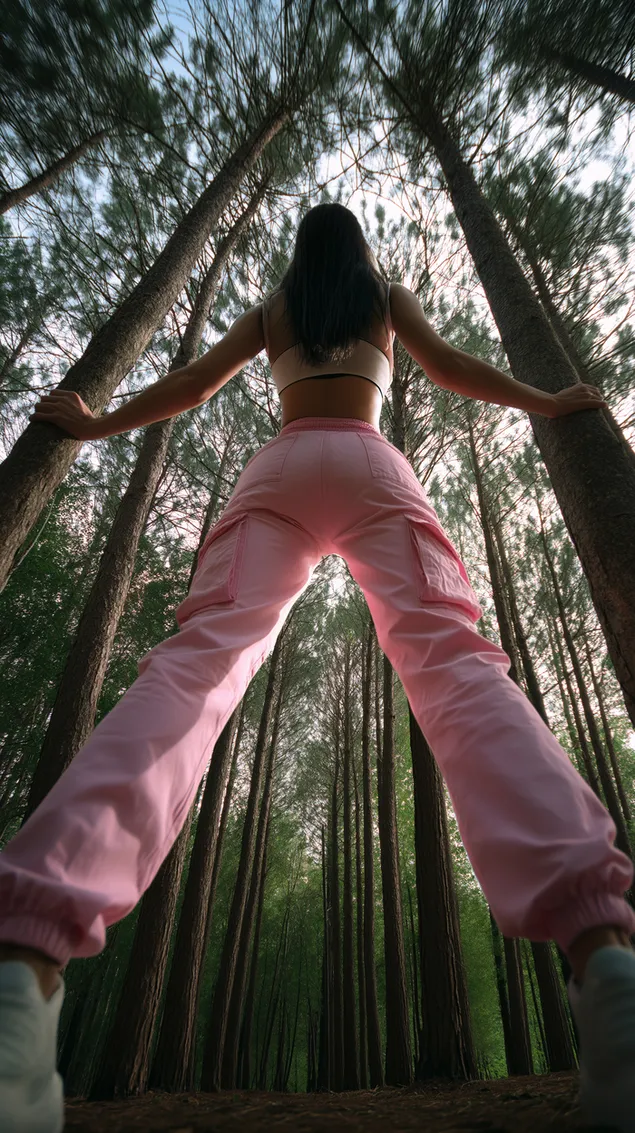 nainen metsassa korkeiden puiden ymparoimana lataa