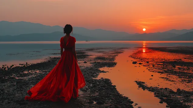 Grua me fustan të gjatë që shtrihet duke soditur perëndimin e diellit mbi kodra të largëta 2K sfond