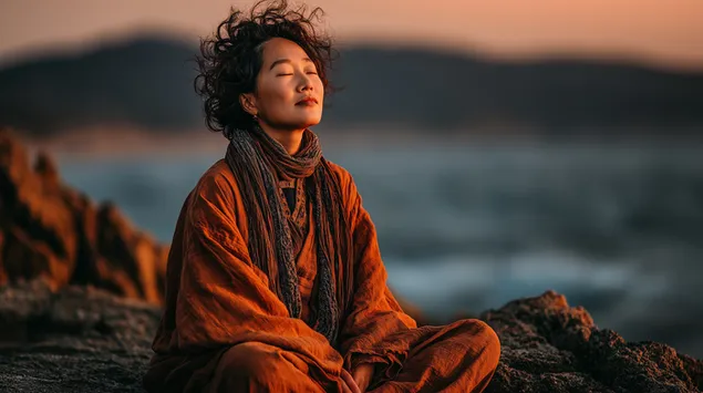 ผู้หญิงในท่าสมาธิบนชายฝั่งหินยามพระอาทิตย์ตก 2K วอลเปเปอร์