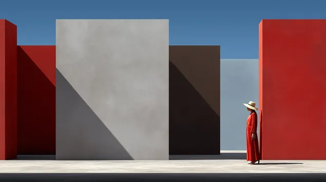 大胆な幾何学的建築形態の中に佇む赤い服の女性 2K 壁紙
