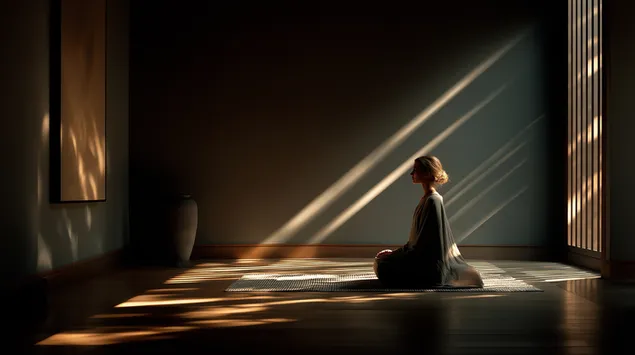 Wanita Bermeditasi di Bilik Tenang dengan Corak Cahaya Matahari 2K kertas dinding