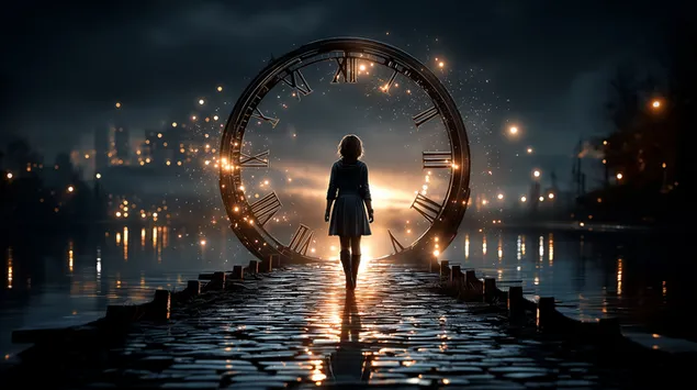 Жена на пат кон големиот светлечки часовник ноќе 2K тапет