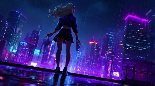 sieviete uz jumta, ar skatu uz neona kiberpanka pilsetas ainavu nakti lejupieladet