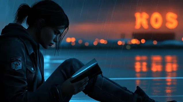 Vrou lees boek in reën teen skemer met stedelike agtergrond 2K muurpapier