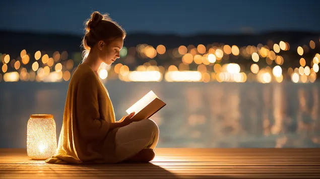 Vrouw leest bij lantaarnlicht op de kade aan het meer 's nachts 2K achtergrond