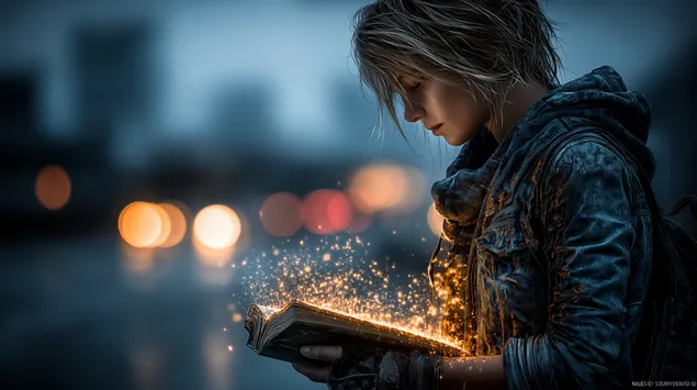 fra liest e liichtend buch an enger urbaner nuetsreenszene eroflueden