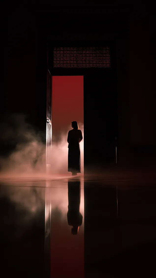 Tapeta Silueta ženy stojící v otevřených dveřích s dramatickým podsvícením a mlhou HD