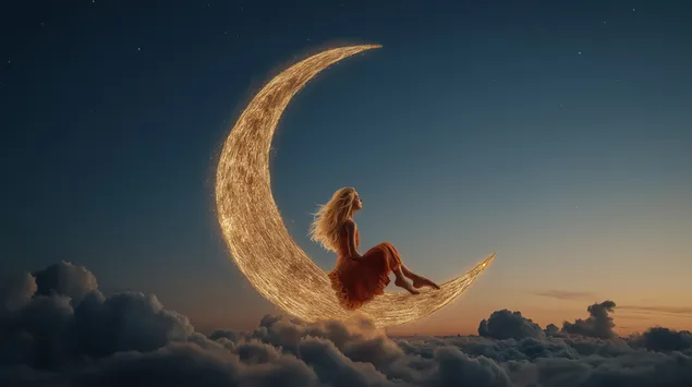 frau sitzt auf einer leuchtenden mondsichel am nachthimmel herunterladen