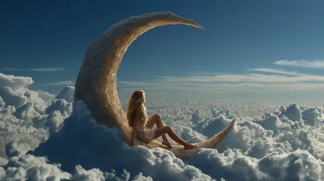 frau sitzt auf einem strukturierten mond uber den wolken herunterladen