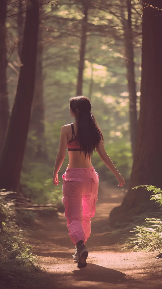 vrouw loopt op bospad, zonovergoten, serene sfeer download