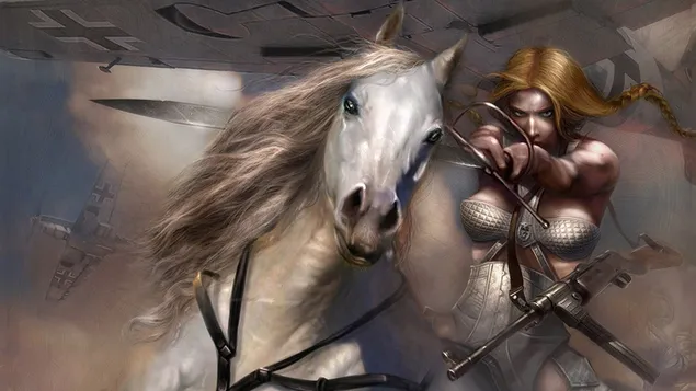 Dona guerrera muntada a cavall baixada