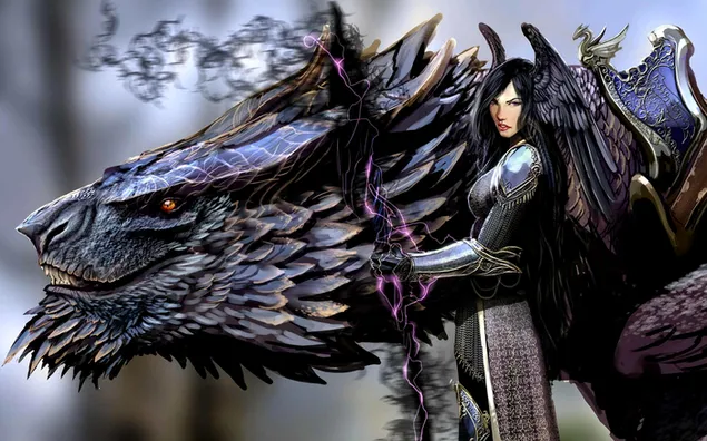 Woman with big dragon and sword 2K wallpaper