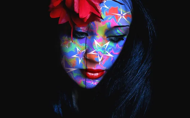 カラフルな顔と花を持つ女性 HD 壁紙